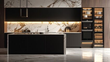 3d rendering of modern kitchen with marble countertop and cabinet doors made from dark brown wood, with built-in oven and metallic appliances, centered on white background.