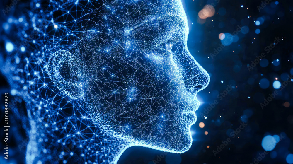 Poster a digital depiction of a face composed of interconnected dots and lines, portraying an intricate net