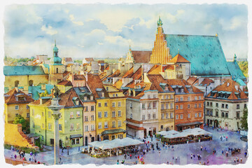 The Old Town of Warsaw, Poland. Aerial view of the Old Town Market Place and St. John's Archcathedral. Watercolor painting.