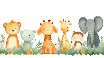 Naklejka premium Cute Animal Friends Watercolor Illustration