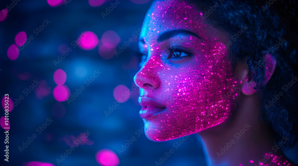 Poster a futuristic digital face showcasing high-tech glowing patterns and networks, reflecting advanced te