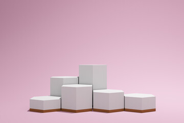 3d render of hexagon podium product mock up on pink background. Set 10