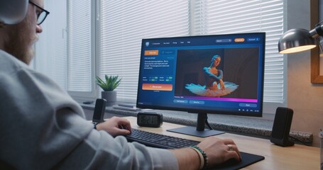 Adult man in headphones enters prompt in artificial intelligence chatbot on personal computer. AI...