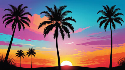 Obraz premium sunset with the palms tree on colourful background. Vector illustration 
