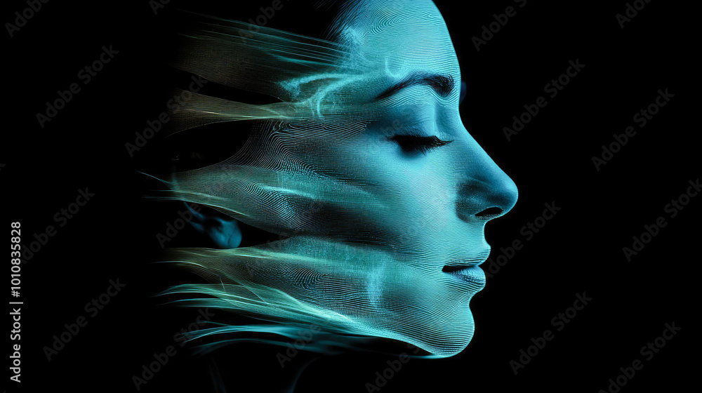 Aufkleber a face seamlessly merged into an abstract digital design, evoking themes of transformation and techn