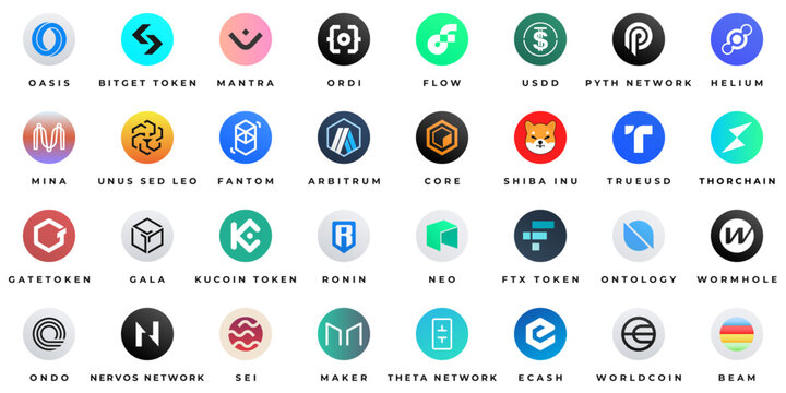 Set of vector cryptocurrency logos: NEO, Arbitrum, Shiba Inu, UNUS SED LEO, Fantom, Sei, Theta Network,  Ondo, Core, Worldcoin, Flow, FTX Token, USDD, eCash and more