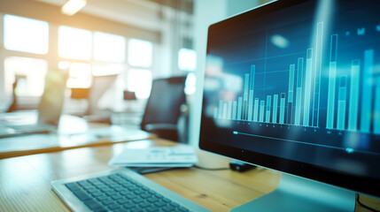 Close-up of digital screen showing labor market graph with job openings and employment rates, office setting with copy space for text overlay.