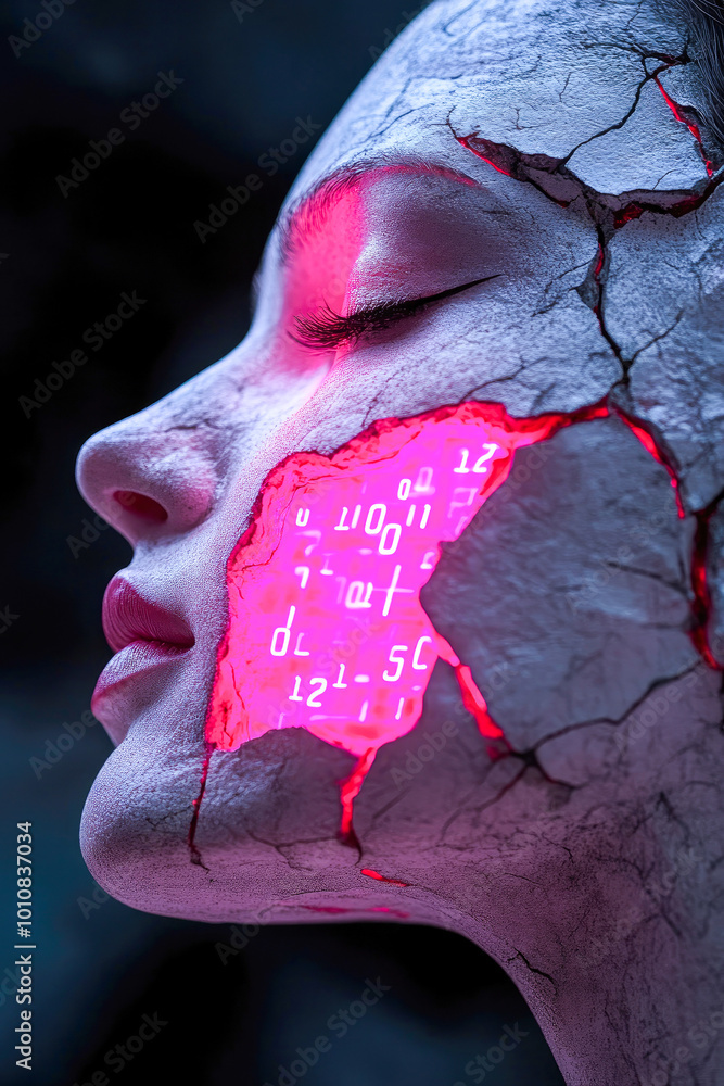 Poster side view of cracked face with neon codes illuminate from within, representing breaking human-tech b