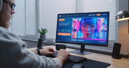 Adult man in headphones enters text in artificial intelligence chatbot app on PC. Advanced AI image...