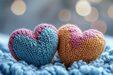 Fototapeta premium Two Knitted Hearts in Pastel Colors on Bokeh Background, Romantic Concept of Love and Valentine's Day 