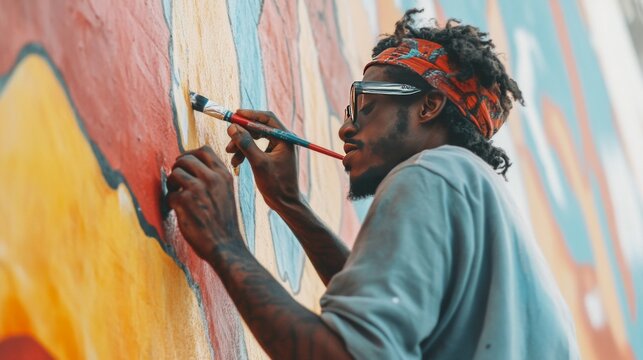 A young man with dreadlocks and tattoos paints a mural on a wall. He is wearing a bandana and sunglasses. - Powered by Adobe