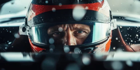  Perspective from inside Formula 1 racing car. Close-up of focused male racer in helmet, focus on his concentrated eyes. © master1305