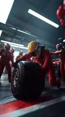  Pit crew members, dressed in red, hustle to replace the tires of a Formula 1 car with precision and speed © master1305