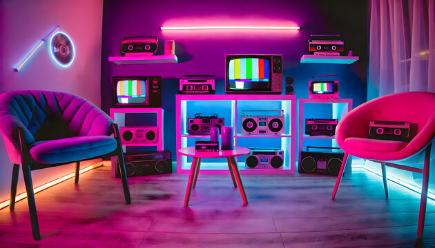 Neon-lit retro room with vintage TVs and boomboxes
