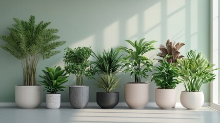 Obraz premium A variety of indoor plants thriving in beautifully designed pots, creating a calming and natural environment within a modern living space. Perfect for home crop production.