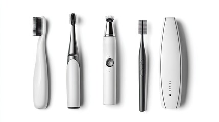 Five different electric toothbrushes, arranged in a row on a white background.