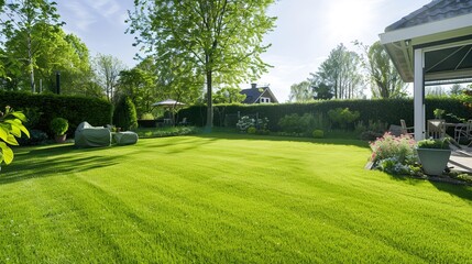 A neatly trimmed lawn with vibrant green grass, perfect for a summer background