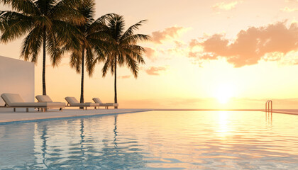 Palm-lined pool at sunset, couple enjoying the view from sun loungers, calm waters, tropical resort relaxation concept