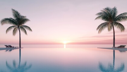 Palm-lined pool at sunset, couple enjoying the view from sun loungers, calm waters, tropical resort relaxation concept