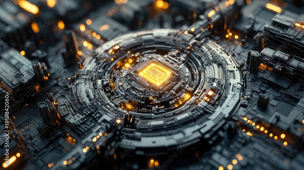 Fototapete a visually striking 3d fractal environment with a central cpu symbol, showcasing the intricate patte