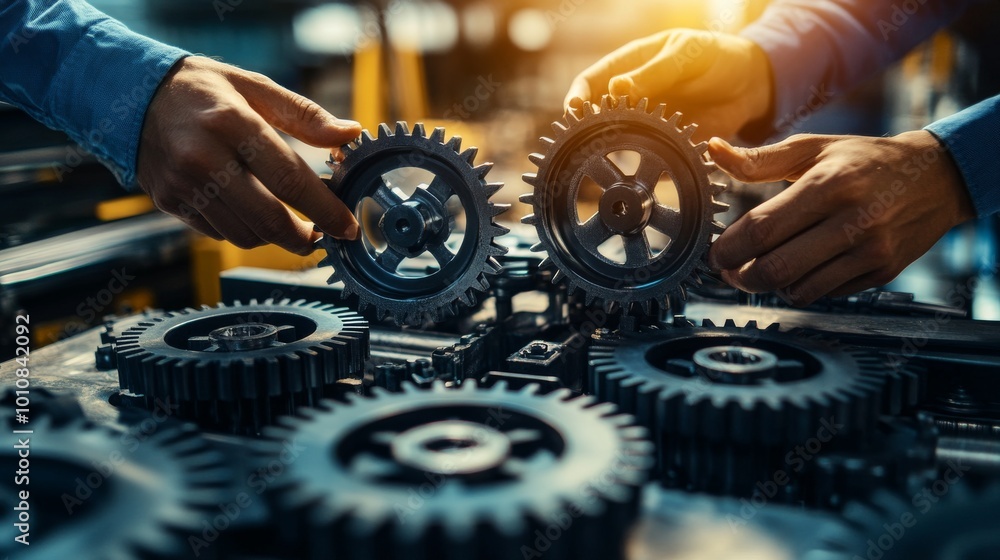Aufkleber close-up of two engineers assembling gears in a factory, demonstrating teamwork and precision in mec