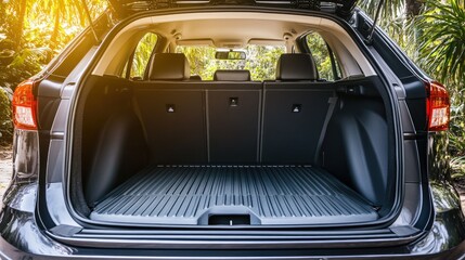 A wide-angle shot of a large car trunk open in an outdoor setting, emphasizing its depth and spaciousness, ideal for travel and cargo promotion.