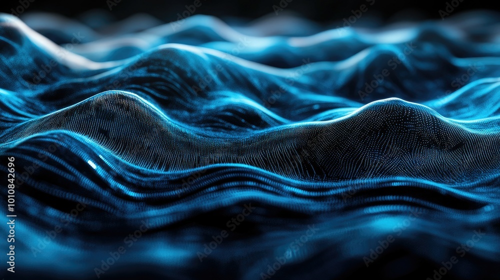 Poster abstract 3d rendering of digital waves in a blue and black color scheme, creating a dynamic, flowing