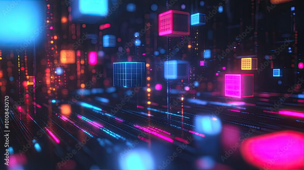 Poster abstract 3d rendering of floating cubes and vibrant light trails on a dark background, representing 