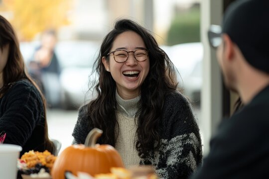 Team gathered around a table full of Halloween-themed treats. They are laughing and sharing stories, Generative AI