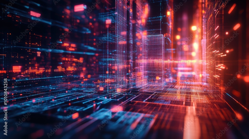 Poster abstract 3d rendering of geometric shapes and light trails, representing futuristic technology and d