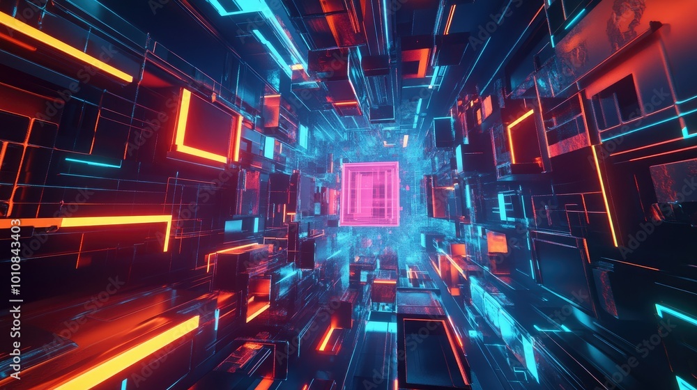Poster abstract 3d rendering of geometric shapes and neon lights in a digital space, perfect for futuristic