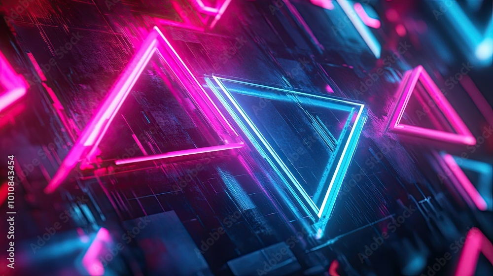 Poster abstract 3d rendering of geometric shapes and neon lights in a digital space, perfect for futuristic