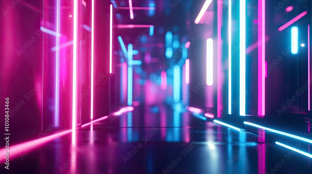 Poster abstract 3d rendering of geometric shapes and neon lights in a digital space, perfect for futuristic
