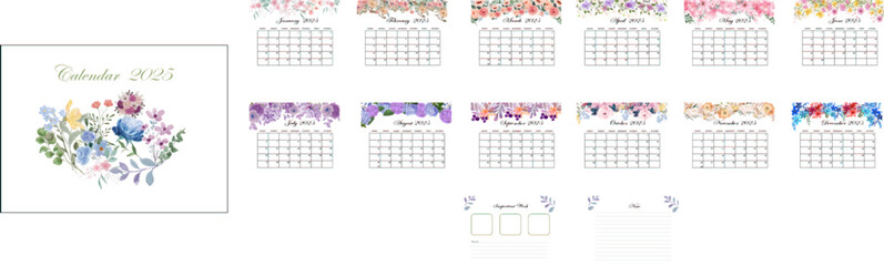 Floral and Leaf Beautiful in pastel, Vintage, Kawaii Style Calendar 2025  Flower Theam Horizontal Design , Week Start on Sunday