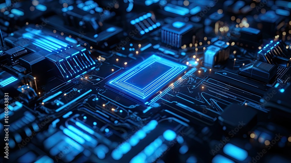 Poster abstract 3d rendering of layered geometric shapes and blue glowing circuits, creating a futuristic, 