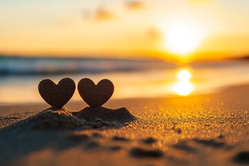 Fototapeta premium Romantic hearts in the sand near shoreline, sunset reflecting on water, love and togetherness at the beach