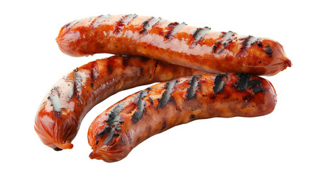 Two grilled sausages isolated against a transparent background showcase a delicious and detailed look.