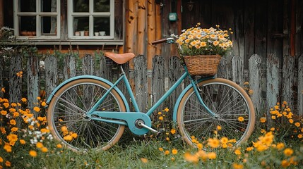 Fototapeta premium Vintage Bicycle with Basket Surrounded by Flowers
