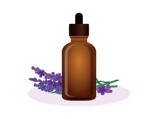 Lavender facial oil in a brown glass bottle vector illustration. Lavender oil vial with a dropper icon isolated on a white background. Cosmetic bottle with essential oil drawing
