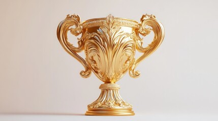 Ornate golden trophy, intricately designed with elegant swirls and floral motifs, symbolizing victory and achievement in prestigious competitions and events.