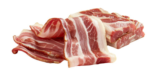 Obraz premium Uncooked bacon slices are isolated on a transparent background.