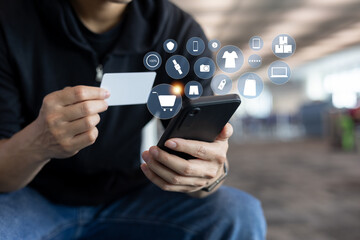 close up customer man using smartphone to choose about item on marketplace online store  website with virtual interface of shopping online (b2b) for people and lifestyle e-commerce technology concept