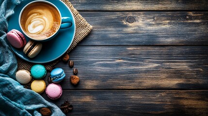 Naklejka premium Coffee and Macarons on Wooden Table
