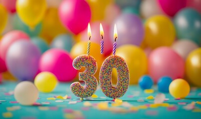 Number 30 Birthday Candles Against Colorful Balloon Background