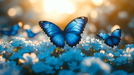 Blue Butterflies in Blooming Flowers Generative AI