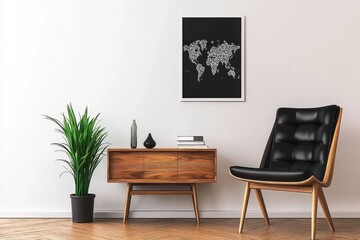 Elegant minimalist room with black map art, wooden furniture, and green plant against white walls.