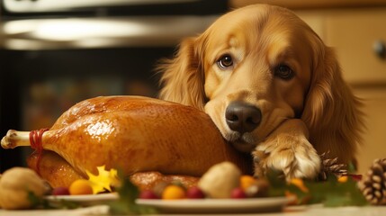 Funny holiday scene with dog stealing Thanksgiving turkey. Cozy living room interior with burning candles. Labrador sitting in chair at table set with festive treats. Background, wallpaper