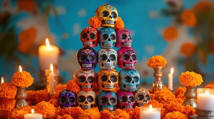 Fototapeta premium Vibrant Dia de los Muertos Celebration with Colorful Sugar Skulls