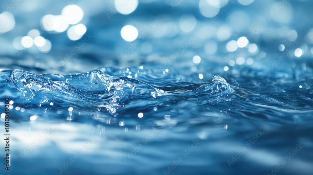 Poster blurred blue water texture, focusing on ripples and waves. shimmering light patterns, clear and calm