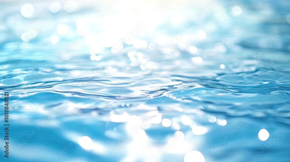 Poster blurred clear blue water surface with ripples and shimmering light patterns. defocused texture with 